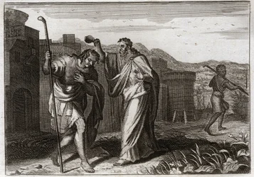 Bible of Royaumont, Old Testament: Rite of Saul. Samuel, by order of God, sacred Saul to be King of the Jews. Illustration from 1811.