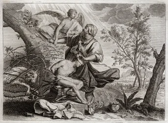 Bible of Royaumont, Old Testament: Sacrifice of Abraham. An angel holds Abraham
