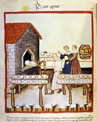 Svart brød: en baker i arbeid foran en ovn. Illuminert illustrasjon fra boken om medisin og diettlære, «Tacuinum sanitatis».