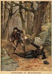 Blodig kamp mellom en krypskytter og en politimann i nærheten av Bezier. Gravering i "" Le petit journal"" 10/03/1895. Selvas samling.