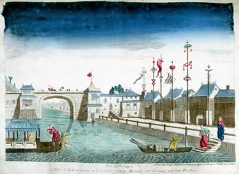Bridge of Cochinchine og båter er utmerkede forlate paviljongene. Gravering fra slutten av 1700-tallet