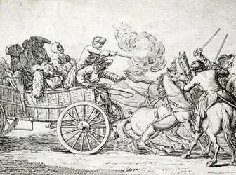 Brigander angriper passasjerer på en vogn. Gravering av en anonym fra 1700-tallet.