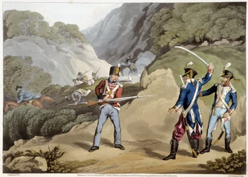 Britisk soldat tok to franske offiserer til fange i slaget ved Pyreneene - i "Historiske, militære og sjøanekdoter ..." av Edward Orme