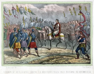 Cæsars tropp etter ødeleggelsen av kongeriket Numidia - i "" L'Algerie ancienne et moderne "" av Léon Galibert. Italiensk utgave i 1846 farge.
