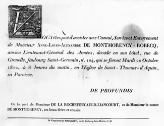 Innkalling til begravelse av Alexandre de la Rochefoucauld - Familiearkiv.