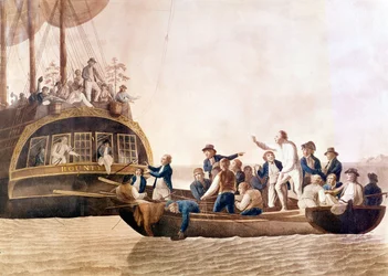 Kaptein William Bligh (1754 - 1817) fra Bounty forlatt av mannskapet hans.