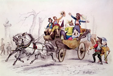 Karneval. Fetards forkledninger på en vogn. Gravering fra 1846. paris, karnevalsmuseum