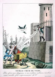 Tegneserie mot Napoleon I med personifisering av ambisjoner og død, ca. 1815