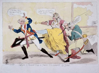 Catherine-II gir permisjon til François og Brunswick the Foireux, karikatur, sent på 1700-tallet