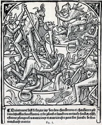 Cauldrons full of boiling oil and lead into which devils plunge the greedy to get them drunk with their bad greed description of Lazarus of hell. Fac simile du “Calendrier des Bergers”” prophetique almanach printed by Claude Nourry in 1504 for Jacques Hugu