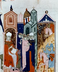 Seremoni med å ta vanen til en miniatyrmunk fra "Decret de Gratien"" ("Concordia discordantium canonum" eller "Decretum Gratiani") fra 1140 og regulere lovene og kanonene til den romersk-katolske kirke. Cesena Biblioteca malatesti fra 1300-tallet