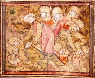 Charlemagne (742-814) finner liket av nevøen Roland som døde i slaget ved Roncesvaux Miniature fra "" Grandes Chronicles de France"" 1375-1379 kommunale bibliotek, Castres