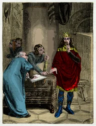 Karl den Store dikterer kapitularene til sin minister Alcuin (732-804), gravering fra 1800-tallet