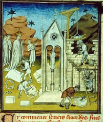 Karl den Store besøker byggeplassen til en katedral - Belysning av manuskript på velin fra middelalderen "Great Chronicles of Saint-Denis" sent på 1300-tallet (ref. 512, 096r) Forespørsel om tillatelse til kommunalbiblioteket i Toulouse (tlf: 05 62