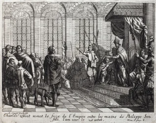 Charles V (1500-1558) overrakte imperiets faks til Philip II (Felipe) (1527-1598), hans sønn, 25. oktober