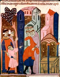 Barn er betrodd til munkene for utdanning Miniatyr fra Justinian Code (Codex Justinianus), en samling av lover og institusjoner omdannet under den romerske keiseren Justinian I av Byzantium (483-565)