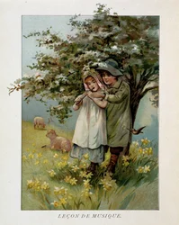 Barnegjetere spiller musikk i et blomstrende landskap, "" Music Lecon""".