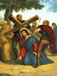 Kromolitografi fra slutten av 1800-tallet som skildrer Kristi liv: Jesus faller først under korset.