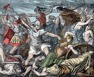 Cimbric Women Defend their Wagon Fort - Roman Antiquite, Cimbres War: ofringen av Cimbres kvinner mot romerske soldater
