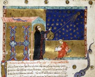 Claude Ptolemaios (astronom) representert i "" Canon Astronomicon Explanatio", fra 1300-tallet.