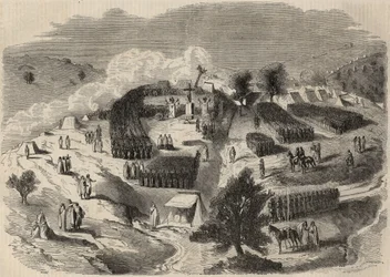 Conquete de Algerie: ekspedisjon til Great Kabylia i 1857, legging av den første steinen til Fort Napoleon i Souk-el-Arba (Souk el Arba). Gravering i “Le Monde illustrious”” fra 1857. Privat samling.