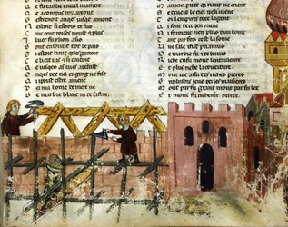 Byggescene. Miniatyr fra «Roman de Troie» av Benoît de Sainte-Maure. 1300-tallet, Biblioteca Marciana, Venezia.