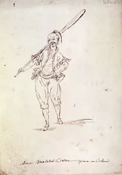 Kostyme for karakteren til Roland i operaen med samme navn av komponisten Niccolo Vito Piccinni (eller Piccini) (1728-1800) etter en libretto av Jean Francois Marmontel (1778). Tegning fra slutten av 1700-tallet