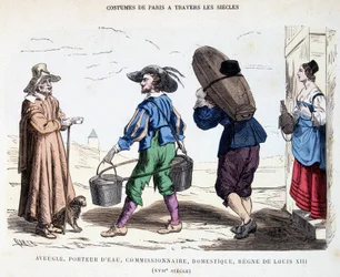 Kostyme til en blind mann, en vannbærer, en kommisjonær, en tjener på 1600-tallet under Ludvig XIIIs regjeringstid. I Costumes of Paris gjennom århundrene.