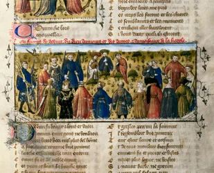 Rettsunderholdning: dans og spill. Scenen finner sted i nærvær av gudene kjærlighet, skjønnhet, levering, franchise, høflighet og ungdom. Miniatyr fra "" The Roman of the Rose ". Valencia fra 1300-tallet. Universitetsbiblioteket. ©AISA/Leemage