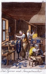 Craft craft: the spur, produsenten av krympebørste i verkstedet deres. I “” Omfattende beskrivelse av kunst og håndverk og verksteder for ungdom”” av Johan Peter Vire. Ed. Nürnberg, Weigel og Schneider