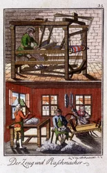 Håndverk: veveren i verkstedet hans. I "" Omfattende beskrivelse av kunst og håndverk og verksteder for ungdom"" av Johan Peter Vue. Ed. Nürnberg, Weigel og Schneider