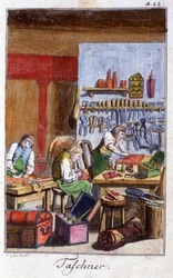 Håndverk: pochetieren og gibecieren i verkstedet deres. I "" Omfattende beskrivelse av kunst og håndverk og verksteder for ungdom"" av Johan Peter Vue. Ed. Nürnberg, Weigel og Schneider