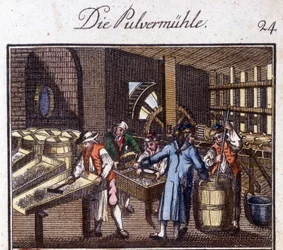 Håndverk: pulvermakeren i verkstedet hans. I "" Omfattende beskrivelse av kunst og håndverk og verksteder for ungdom"" av Johan Peter Vue. Ed. Nürnberg, Weigel og Schneider