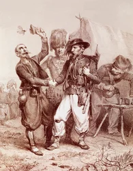 Krimkrigen (1853-1856): allegori over alliansen mellom Frankrike, Kongeriket Sardinia og England mot Russland, 1854