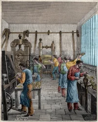 Verksted for bestikkproduksjon (Posate) i Frankrike på 1800-tallet. Gravering fra 1885 i "" Les arts et metiers illustres"" av Adolphe BITARD.
