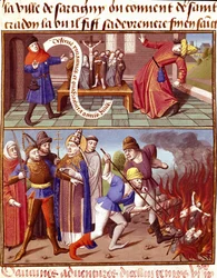 Ødeleggelse av hellige gjenstander og intervensjon av pave Gregoire I den store (540-604) Miniatyr i "" Le miroir historial"" (Speculum Historiale) (ms. 1196) av Vincent de Beauvais (1190-1264) oversatt til fransk av Jean de Vignay
