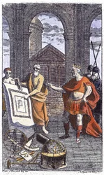 Detalj av 27797: “Histoire obligations et statutes de la très venerable Confraternity des Francs-Masons”: frontispis gravert av Reinhardt Jr. (1742), til det berømte verket av broren av den Tredje, hvor de vesentlige passasjene av Ander er oversatt