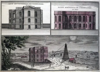 Ulike utsikter over det astronomiske observatoriet i Paris i 1700.