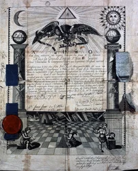 Diplom til Isaac Huit som svenn og mester i den kongelige frimurerkunsten, tildelt i 1789 av St-Jeans storlosje i Genève.