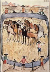 Dressur av ville hester, fra boken "Trujillo del Peru" eller "Codex Martinez Companion", av Baltazar Martinez Companion og Bujanda, biskop av Trujillo (1782-1785)