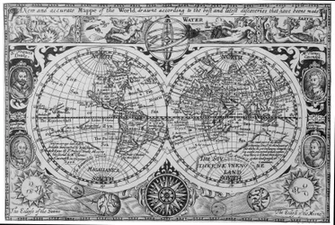 Verdenskart fra tidlig 1600-tall, etter Mercator, med innfelte portretter av oppdagelsesreisende (Drake, Magellan, Thomas Cavendish og Oliver van der Nort), elementene og formørkelser