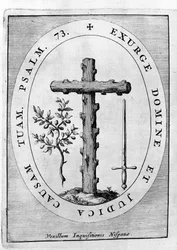 Den spanske inkvisisjonens emblem: kors, olivengren og sverd. 17. århundre