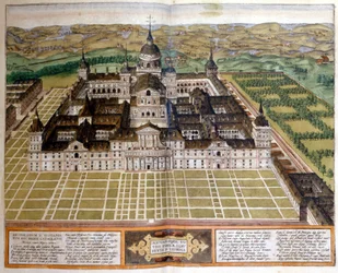 Gravering som representerer palasset til Escorial eller Escorial i Spania. sd. 17. århundre.