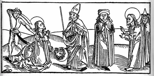 Episode av livet til Saint James the Major: helgenen blir halshugget under øynene til Herodes av Agrippa, kongen av Judee. Gravering fra «Leben der Heiligen - sommerteil» (Helgenboken) av Jacobus (James) fra Voragine (1228-1298). Lübeck 1488.