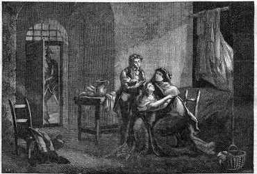 Eugene og Hortense Beauharnais trøster moren Josephine de Beauharnais i fengselet hans (Prison des Carmes)