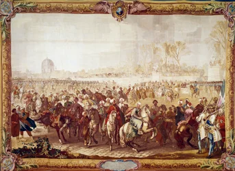Utgang av den tyrkiske ambassadøren Mehmet Effendi fra Tuileries Garden etter audiensen gitt av kong Louis XV på 21/03/1721 1700-talls billedvev. Paris, nasjonale møbler