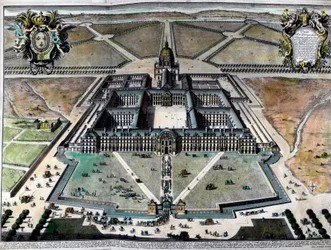 Utvendig utsikt over hotel des Invalides i Paris på 1700-tallet. Gravering fra 1700-tallet. Privat samling.