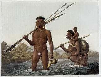 Familie av Botocudos-indianere som vender tilbake fra jakt og krysset elven Rio Grande til Belmonte i Paraguay. I "" The Old and Modern Costume"" 1818-1820, av Ferrario.