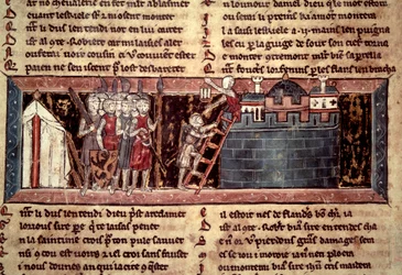 Første korstog: "Korstogene som ankommer før Jerusalem". Miniatyr fra "" Chevalier au Swan et Godefroi de Bouillon""