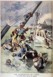 Første kinesisk-japanske krig - hendelser i Korea: Et kinesisk skip senket av japanerne. Illustrasjon - i "Le Petit Journal" fra august 1894 (gravering)